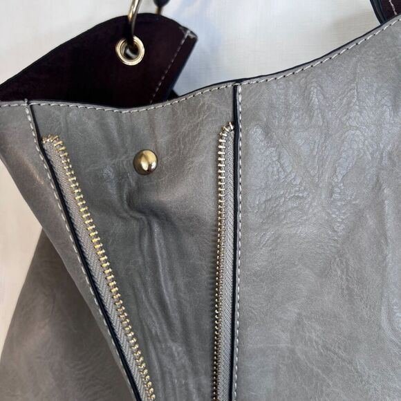 Hobo Shoulder Bag Cosmetic Zipper Split Front Slouchy Extra Accent Straps Gray - Picture 12 of 16